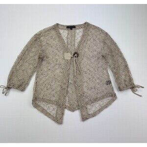 Mistror Image Open Knit Crochet Cardigan Sweater Beige Boho Button Tie Large